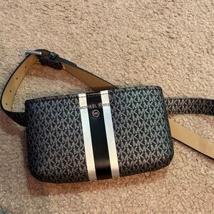 Michael Kors Black and Silver Signature Stripe Crossbody
